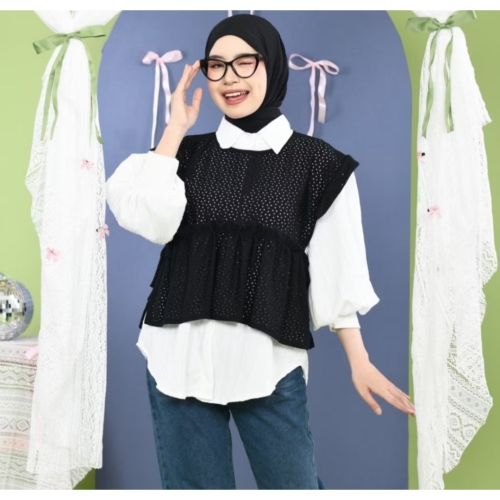Mybamus Arin Ruffle Vintage Vest Korean Style Outer Lace Lebaran Terbaru