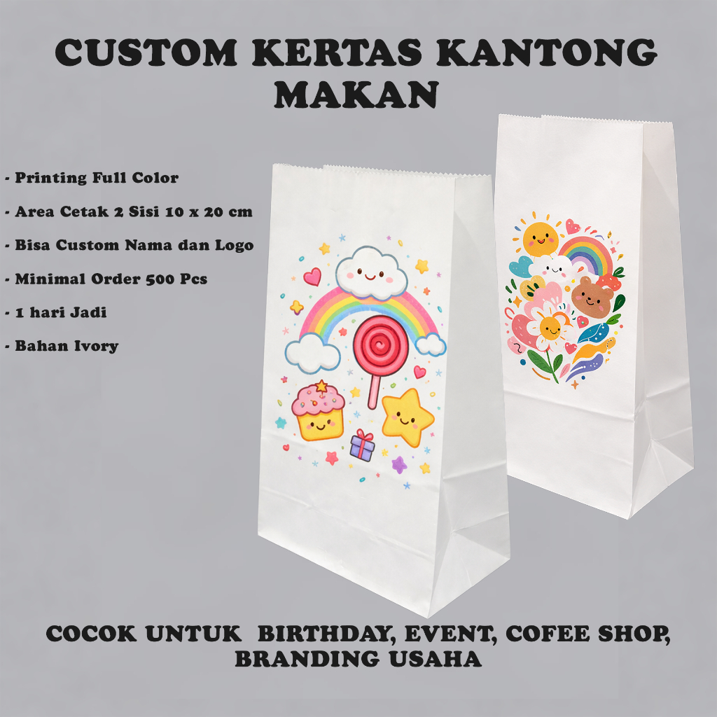 CUSTOM Kertas Kantong Makan 11.8 x 8 cm Polos Cetak Logo/Nama/Kantong Makan Area Cetak  2 Sisi 20x10