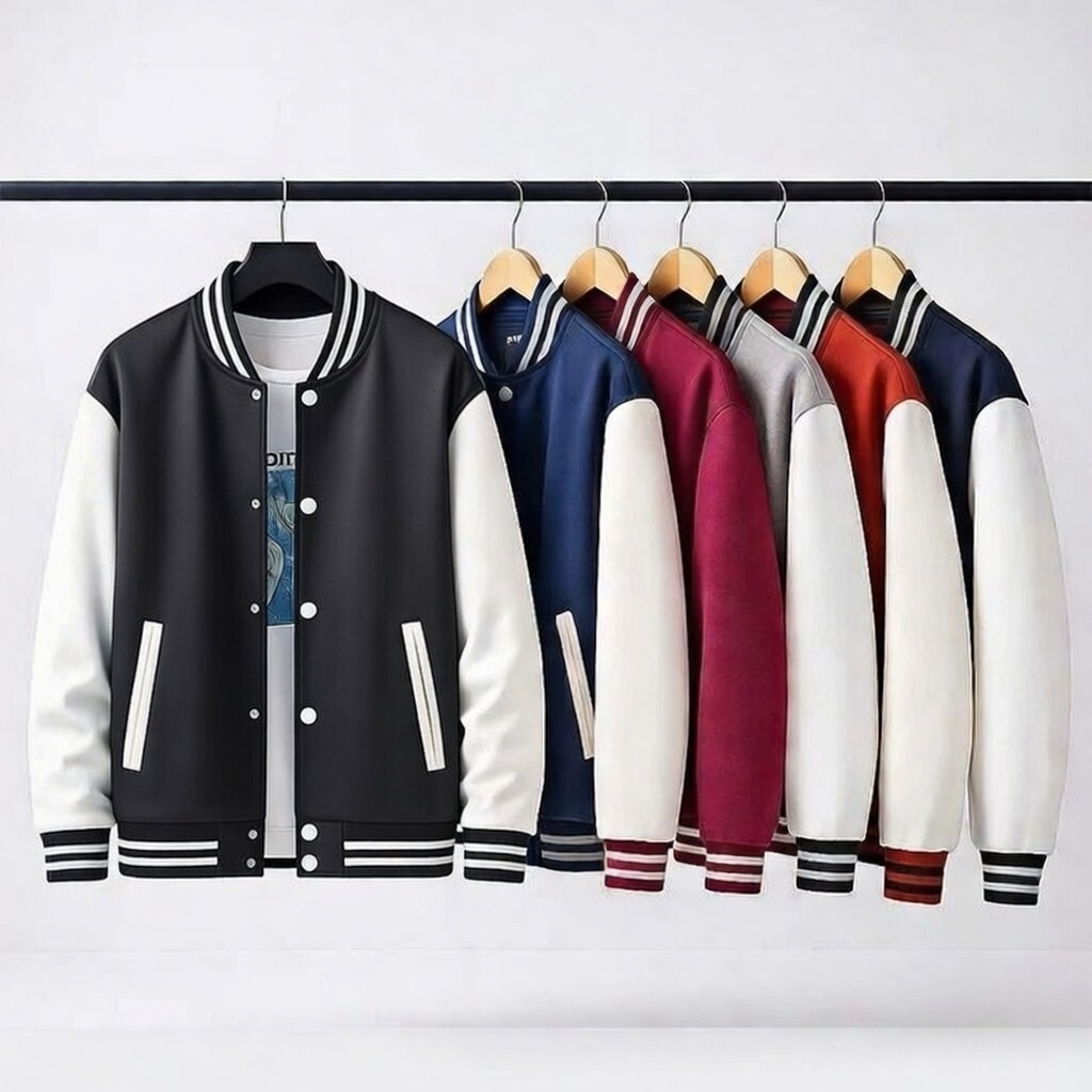 JAKET BOMBER VARSITY HITAM-PUTIH  POLOS CUSTOM LOGO CUSTOM NAMA S-6XL.JAKET VARSITY HITAM-PUTIH