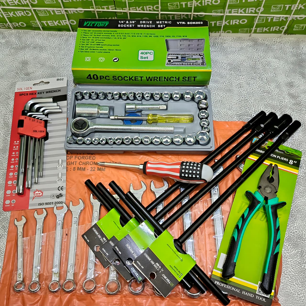 PROMO Paket Kunci Bengkel Motor Lengkap 1 Set / Kunci T Tekiro/Kunci Shock/Pas Ring Set/Tang Kombina