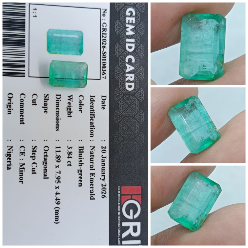 Natural emerald beryl Nigeria zamrud Kristal 3,8ct Minor memo GRI