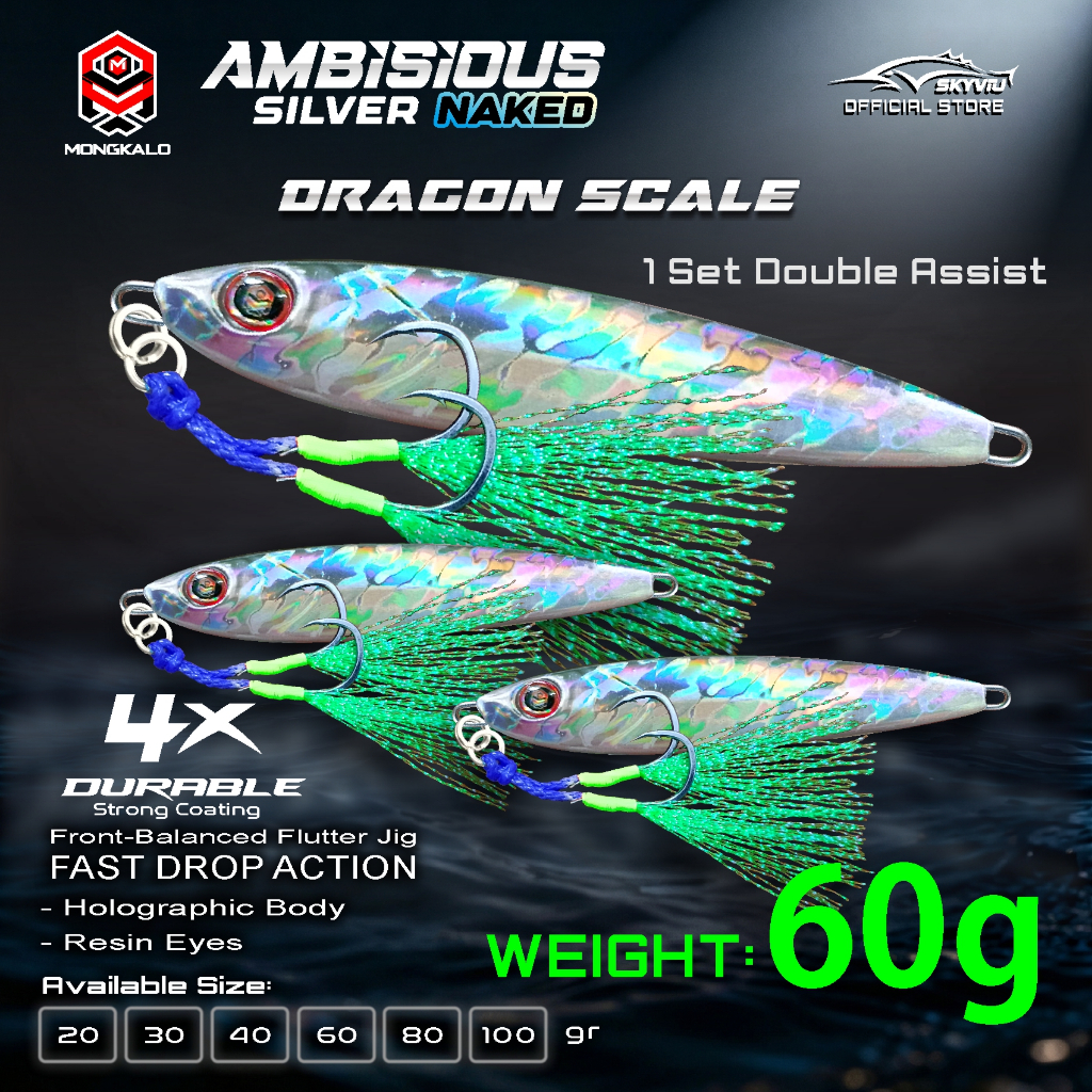 Metal Jig 60 Gram MONGKALO AMBISIOUS Naked Hologram Silver Lengkap 1 Set Double Assist Hook 60gr Ump