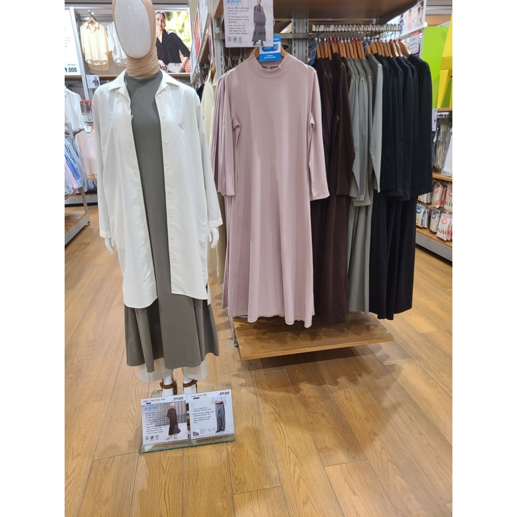 UNIQLO AIRism Katun Gaun Flare Lengan Panjang A Line Cotton Dress Original