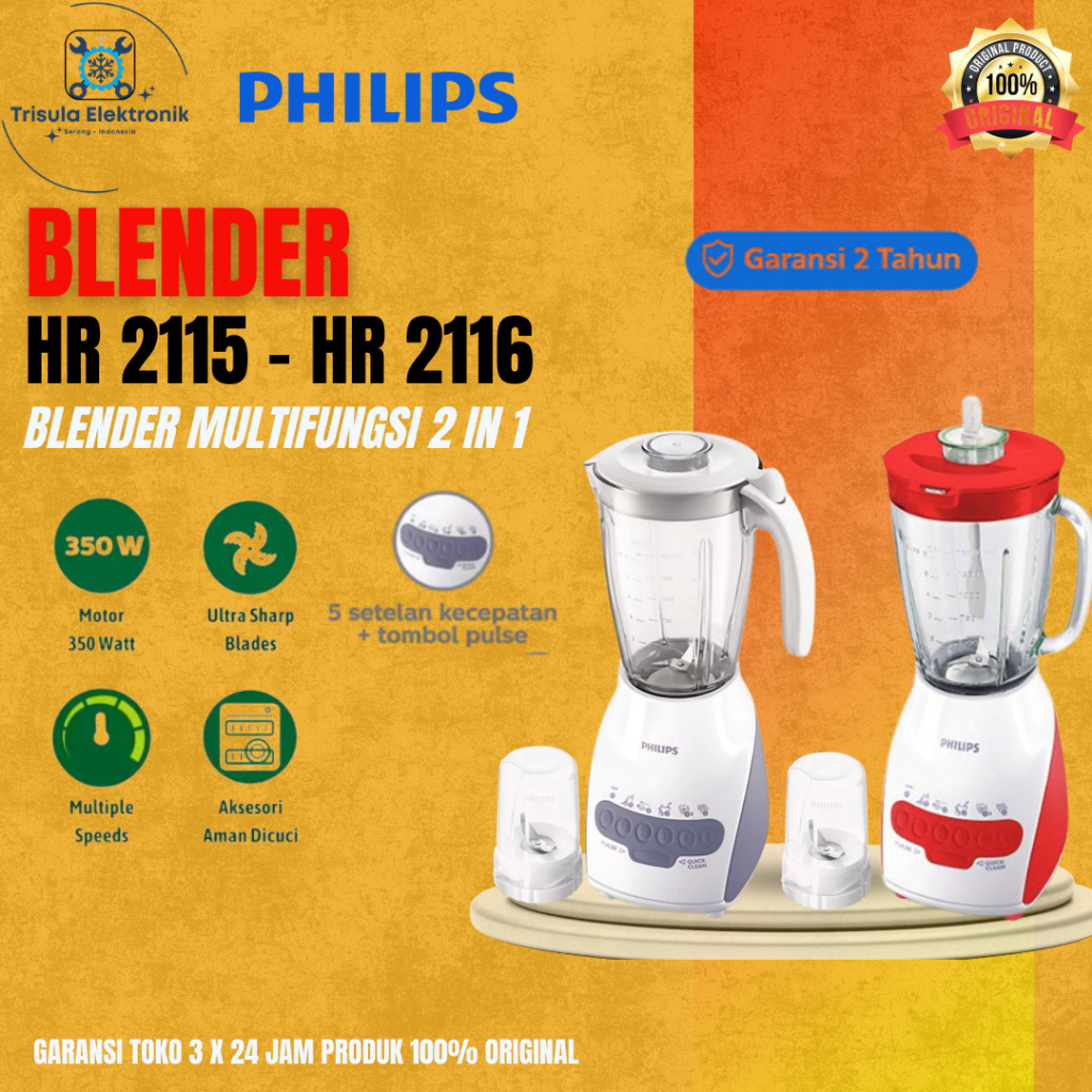 Philips Blender HR2115 / HR2116, 2 Liter Multifungsi 2 in 1 Portabel Berbahan Kaca & Food Grade
