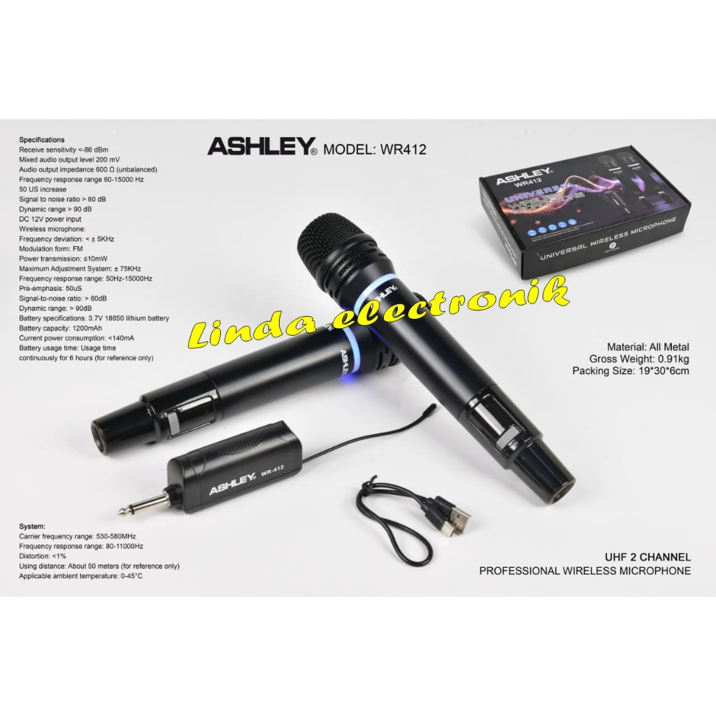 mic wireless ashley wr412 / wr 412 2 buah mic wireless charger original