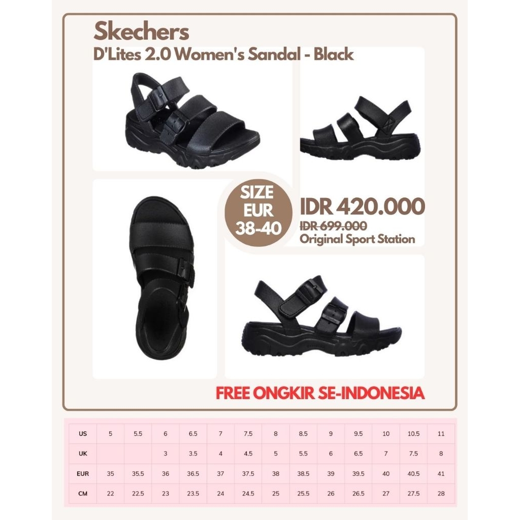 Skechers D'Lites 2.0 Women's Sandal - Black | Sandal Wanita Size 38, 39, 40