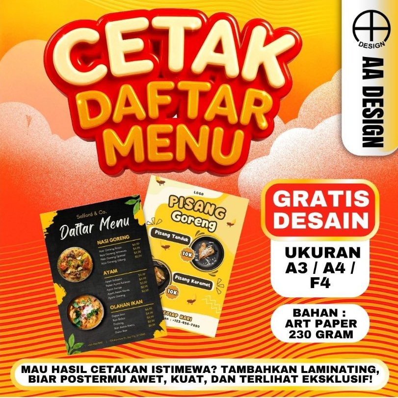 GRATIS DESAIN Cetak Daftar Menu Makanan / Minuman A3 A4 F4 | Art Paper 230gr