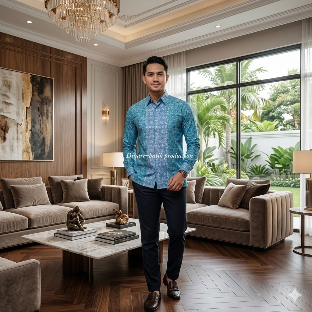 kemeja batik cap pria warna hijo/biru gagah mewah lengan panjang