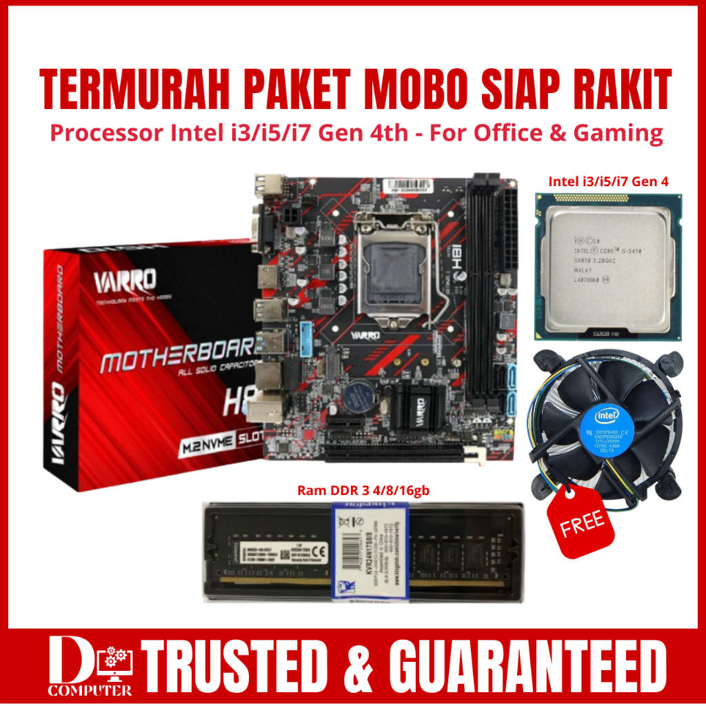 Paket Motherboard Varro H81 LGA 1150 DDR3 Mainboard H81 SUPPORT NVME Gratis Fan Processor Intel Core