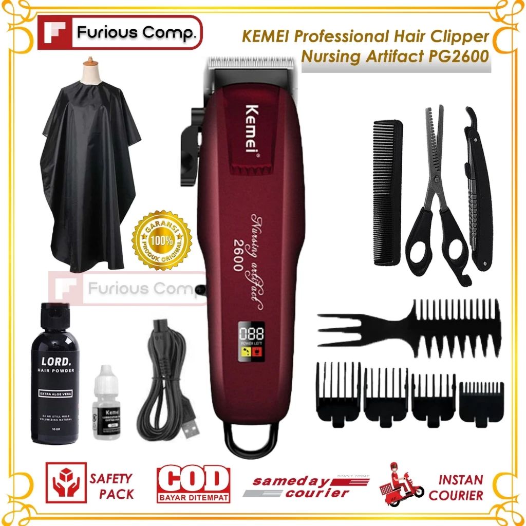 Kemei Professional Clipper Alat Pencukur Rambut Elektrik Mesin Cukur Cas Lengkap Baterai Awet