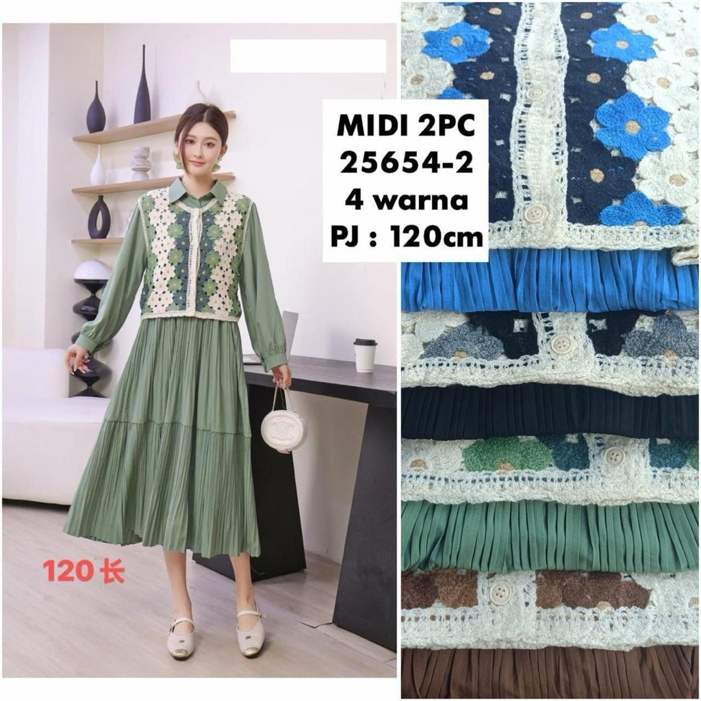 set midi dress rajut satu set dengan rompi rajut