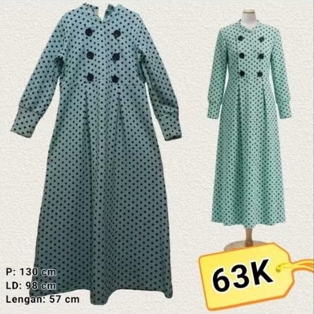 Gamis Retro Polkadot Hijau Tosca - Dress Muslimah Kancing Dua Mewah