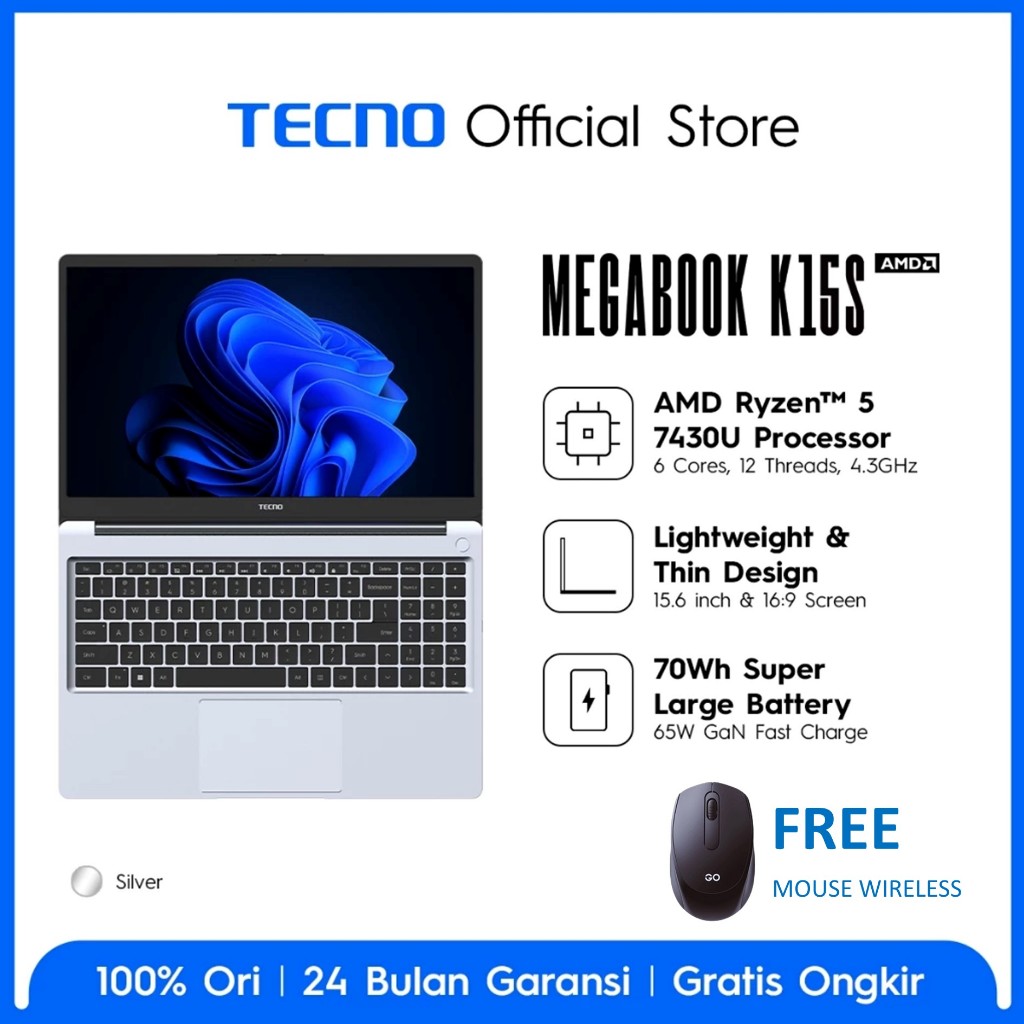 TECNO MEGABOOK K15S RYZEN 5 7430 8GB 512GB W11 15.6 FHD IPS SLV