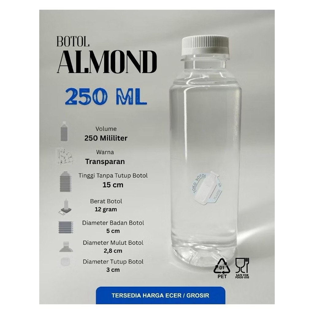 Botol Almond 250ML (13GRAM) / Botol Plastik Almond 250ML / Botol Minuman Jus & Kopi 250ml / Botol Pl
