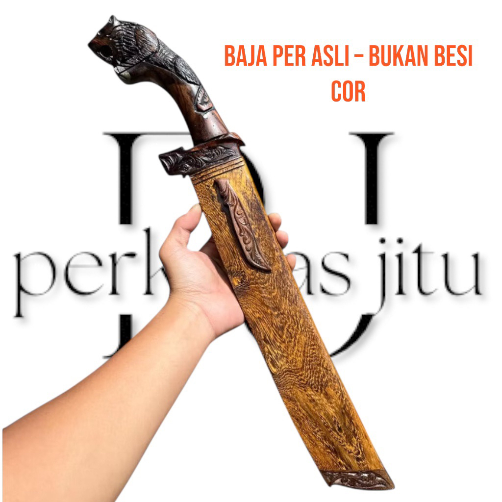 Golok Ukir Singa Baja Per Asli – Handle Kayu Sonokeling + Sarung Kayu Johar | Handmade Premium Tajam