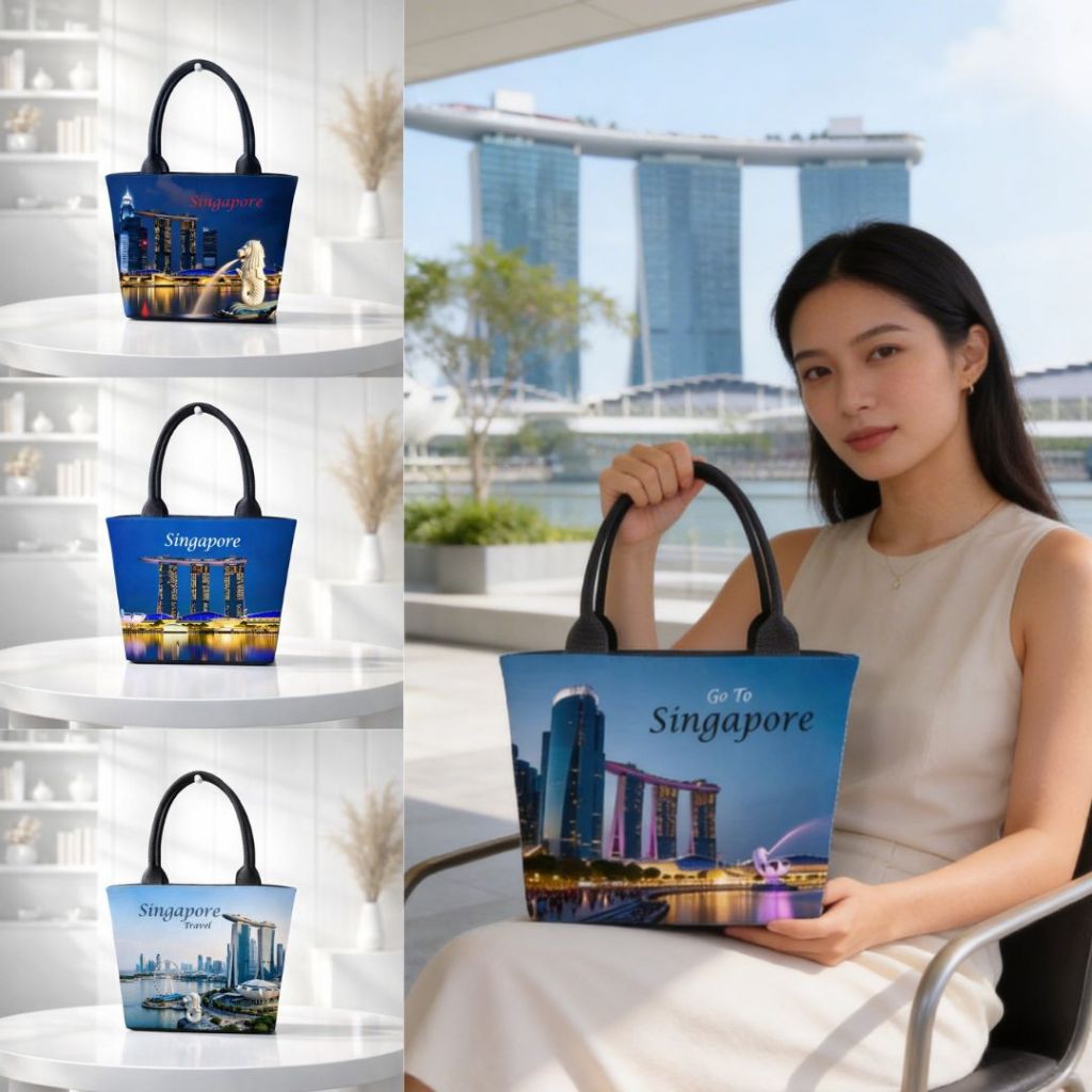 Tas Kanvas Souvenir Tote Bag Tenteng | Tas Hampers Kecil Motif Singapur Singapore Singapura Oleh Ole