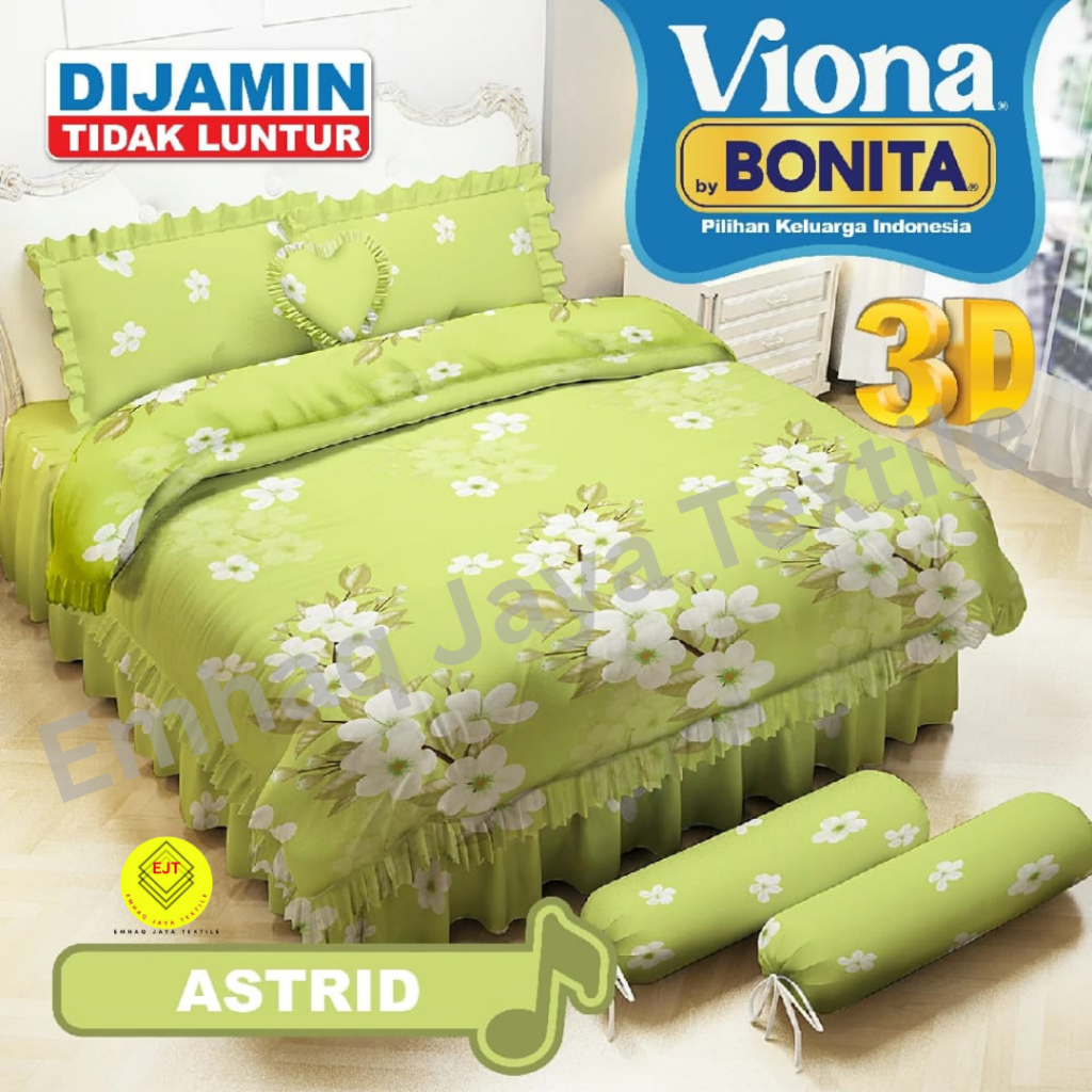 Bed Cover Rumbai Set King Bantal 2 Bonita Warna Hijau Motif Bunga - Ukuran 180x200cm, Halus, Tebal, 