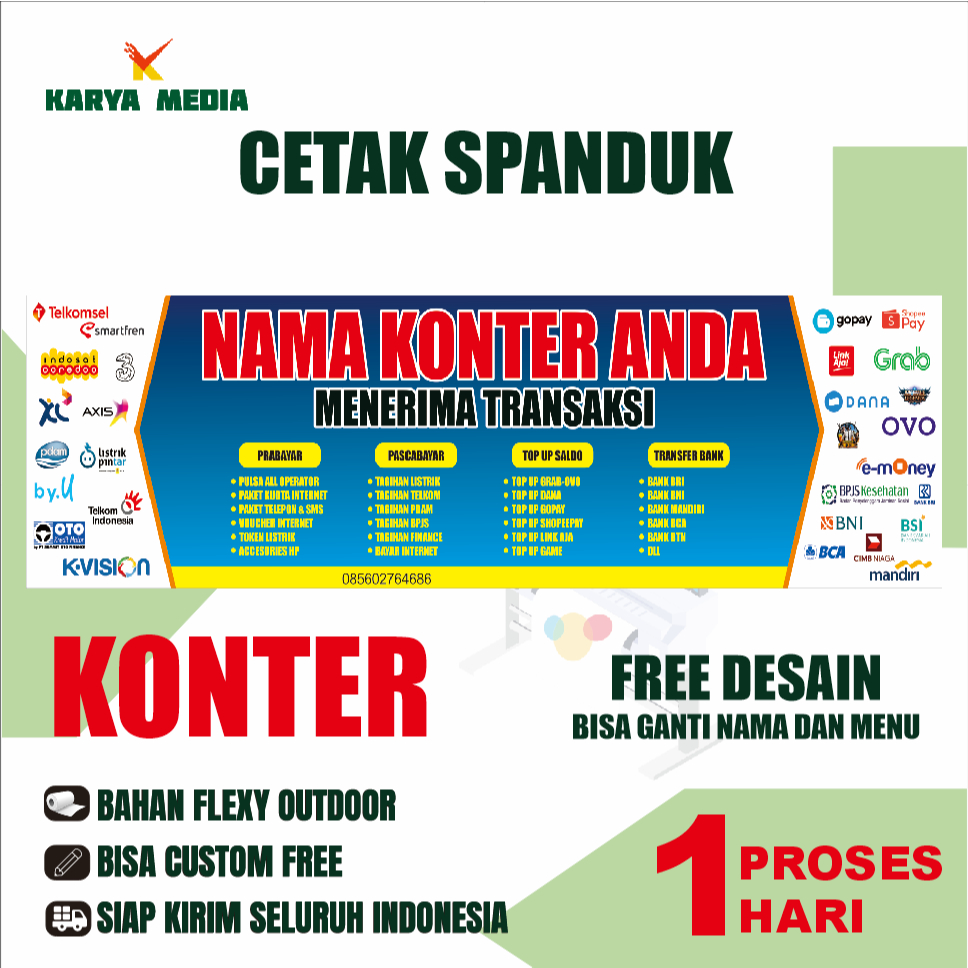 SPANDUK KONTER BERKWALITAS - BISA GANTI NAMA - FREE DESAIN - SPANDUK KONTER - BISA COD!