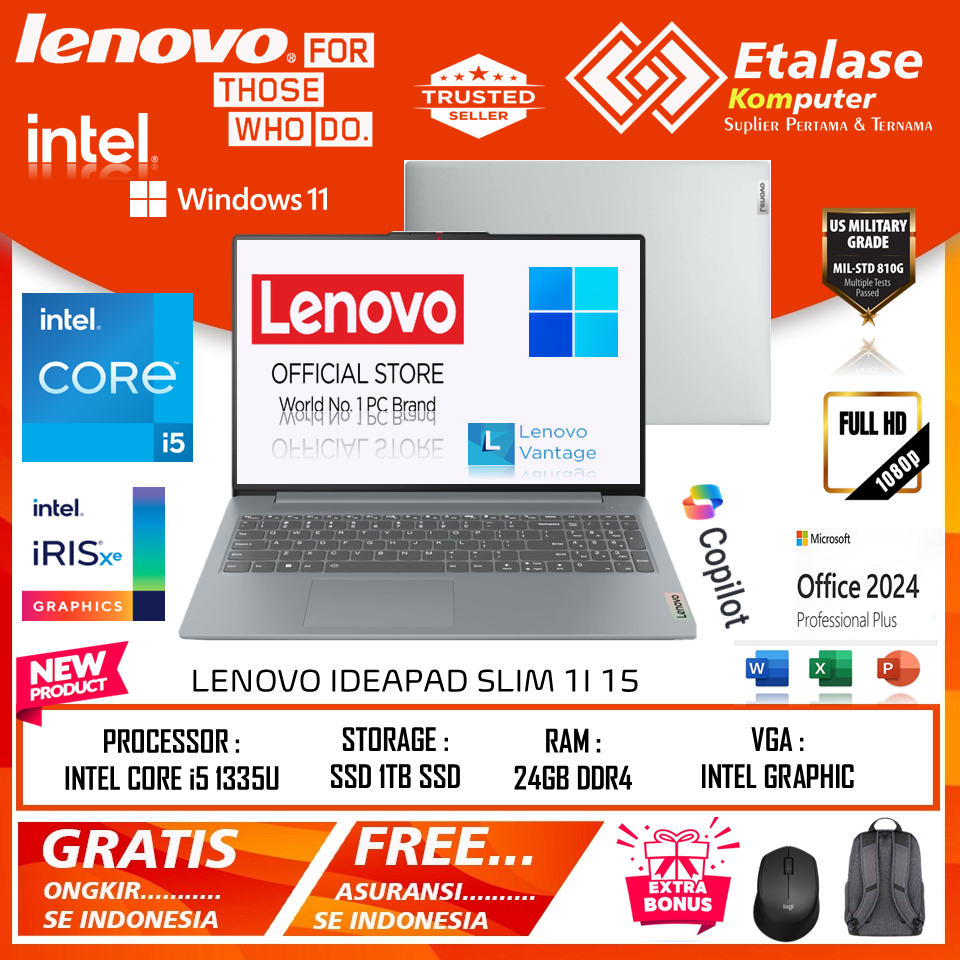 Laptop Lenovo Ideapad Slim 15 CORE i5 1335U Ram 24GB DDR4 SSD 1TB GREY Termurah Baru original