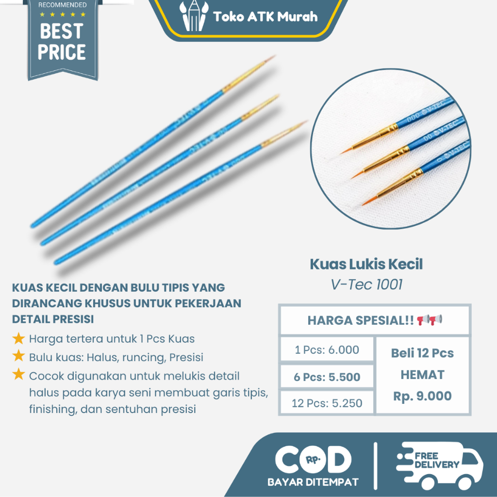 Kuas Lukis V-Tec 1001 No.0 / 00 / 000 – Kuas Sangat Kecil Tipis Detail / Fine Detail Brush