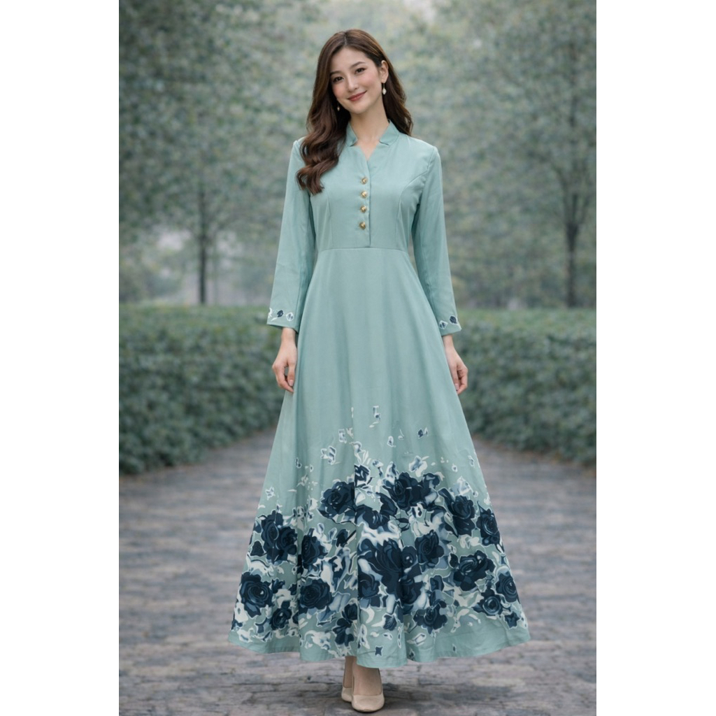 D022 Dress  Wanita Elegant Sage Green Motif Bunga