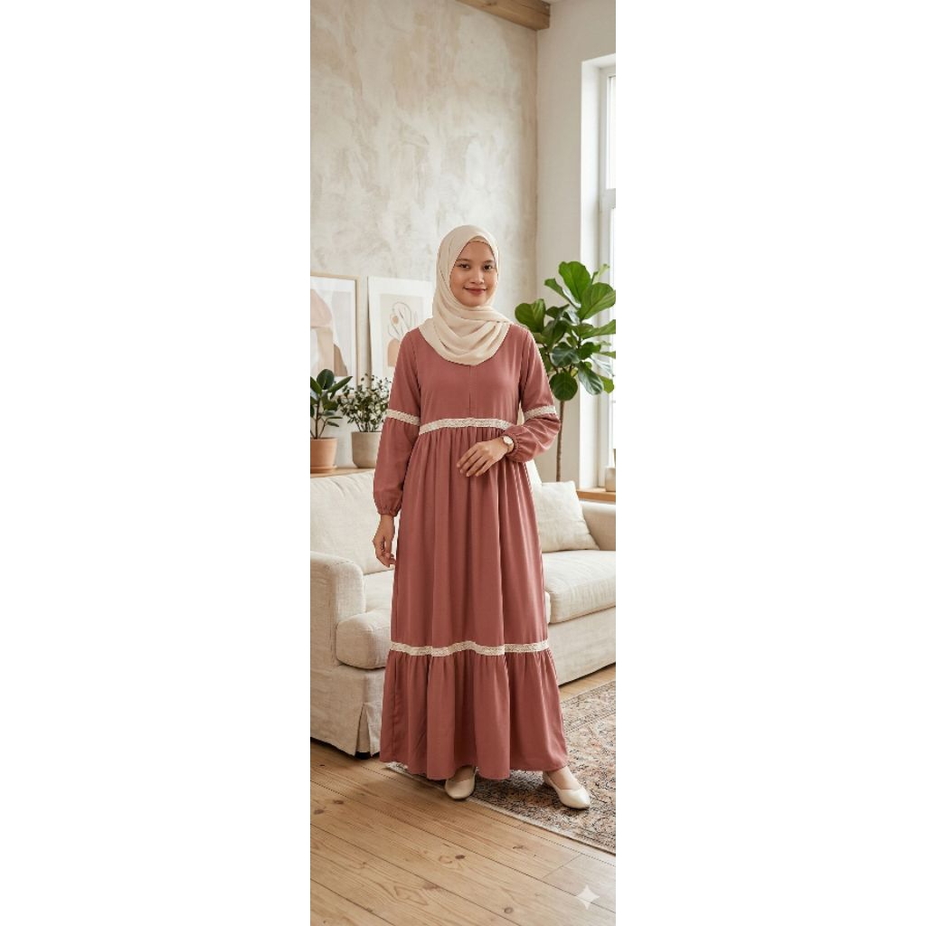 Gamis ceruty mix malika | gamis ceruty malika lengan balon | gamis brukat malika | gamis mewah terba