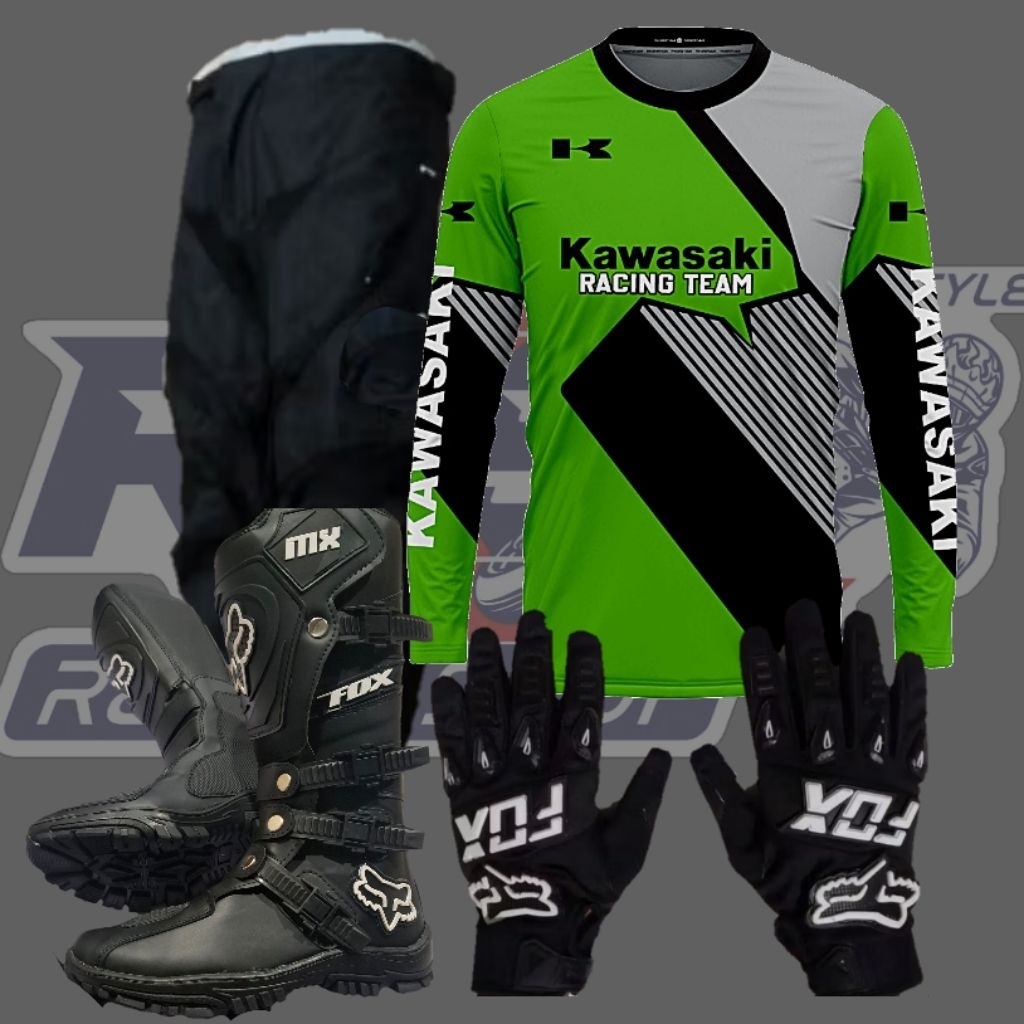 SETELAN BAJU TRAIL CROSS KAWASAKI KLX set DEWASA sepatu Jersey celana glove cross trail offroad LOKA