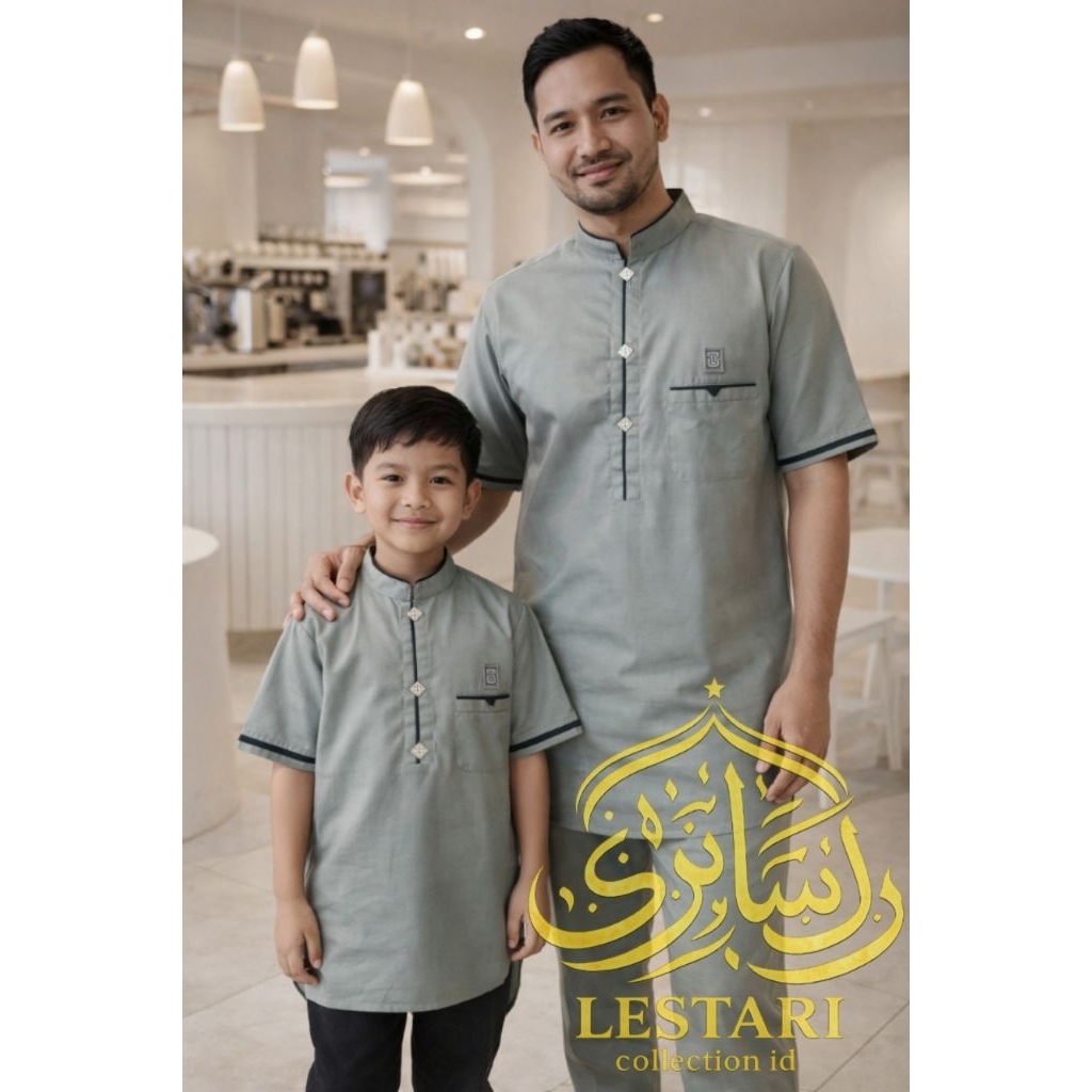 KURTA PRIA PREMIUM COUPLE - Baju Koko Dewasa Dan Anak Warna SAGE List Hitam