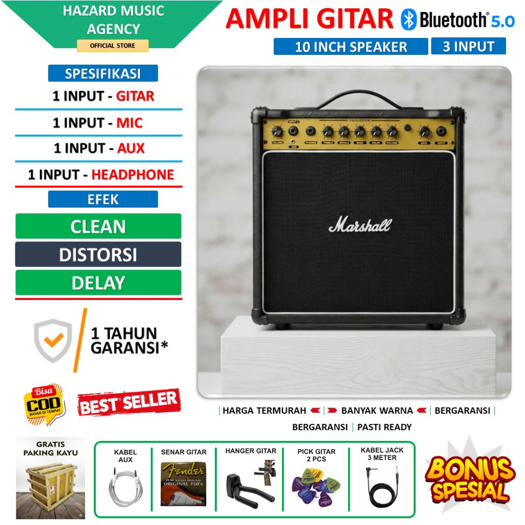 Ampli gitar & bass 10 Inch 3 input bluetooth bisa untuk karaoke ada efek distorsi delay gold