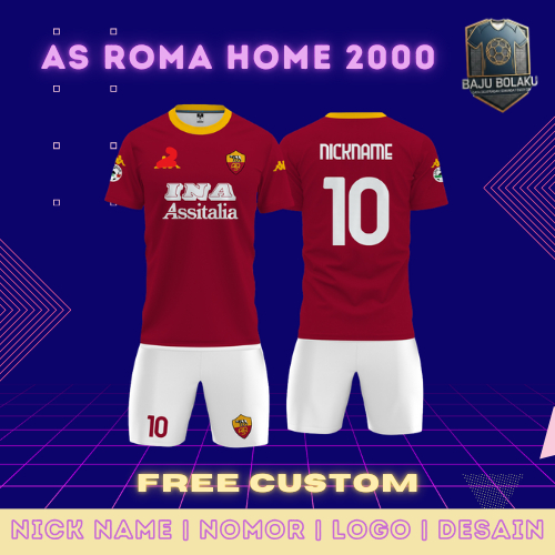 Jersey Sepak Bola Custom Roma Home 2000 Pendek Free Custom Nama, Nomor, Logo Dryfit Premium