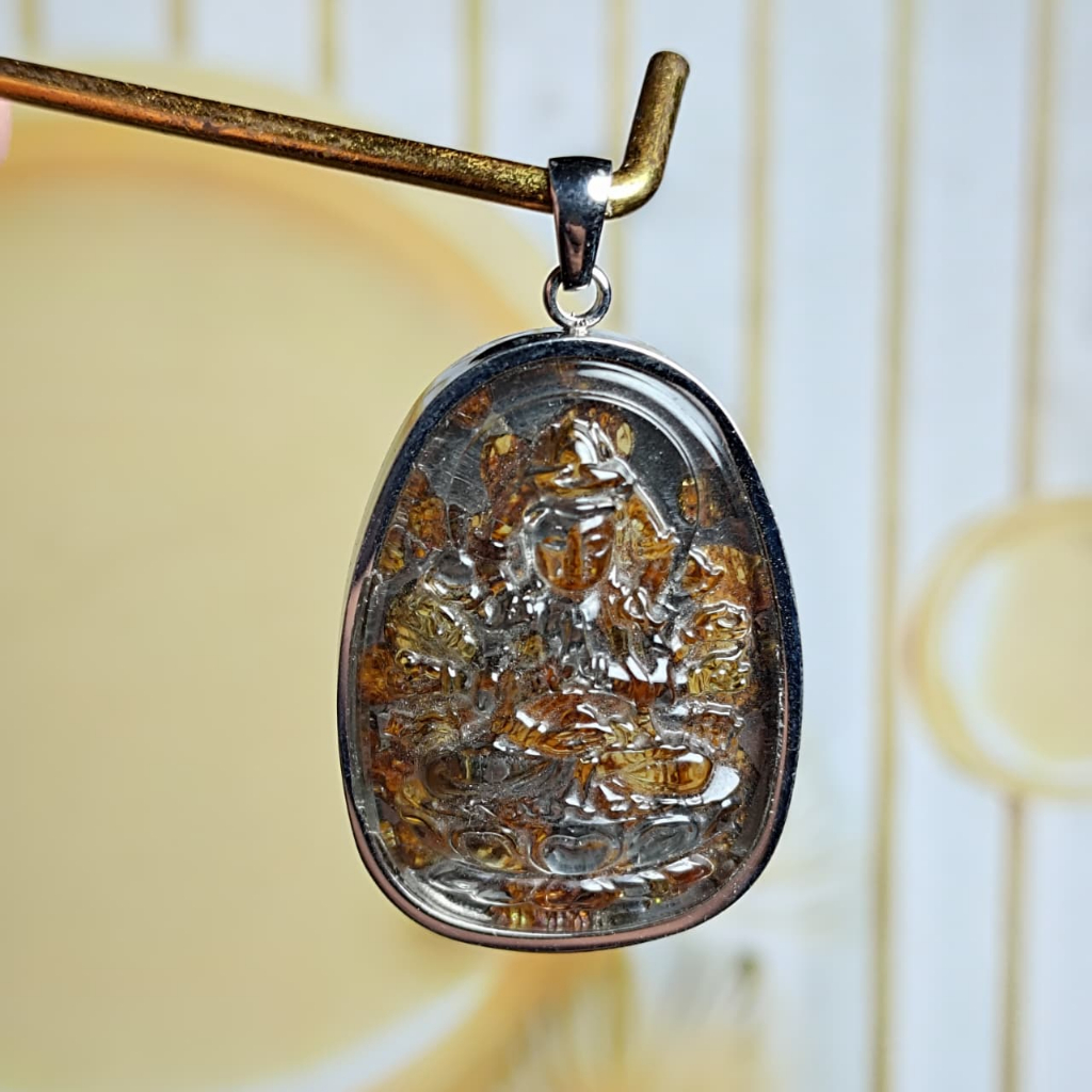 Natural Pallasite kenya Sericho Olive Meteorite Guanyin Buddha Pendant (1)
