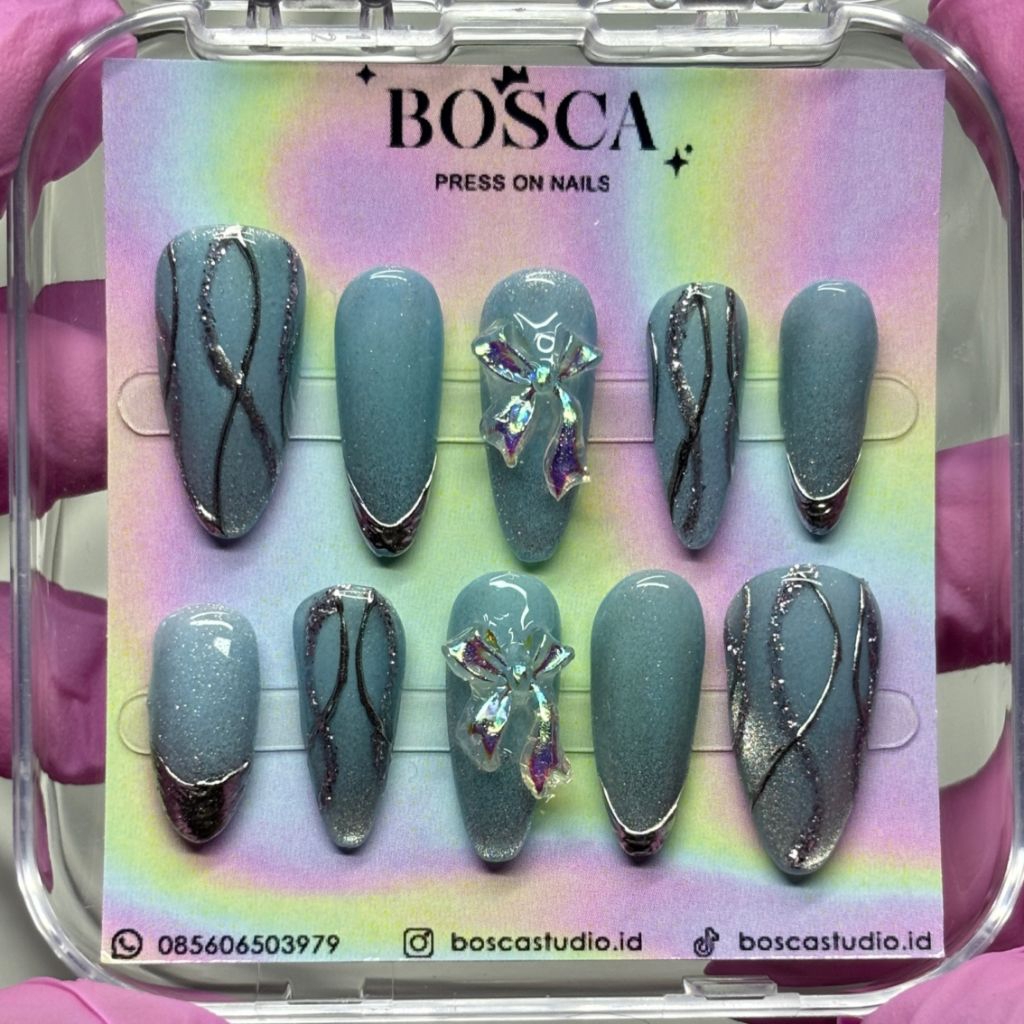 Press on nails tosca cat eye chrome silver pita french custom nail art kuku palsu wisuda wedding bos