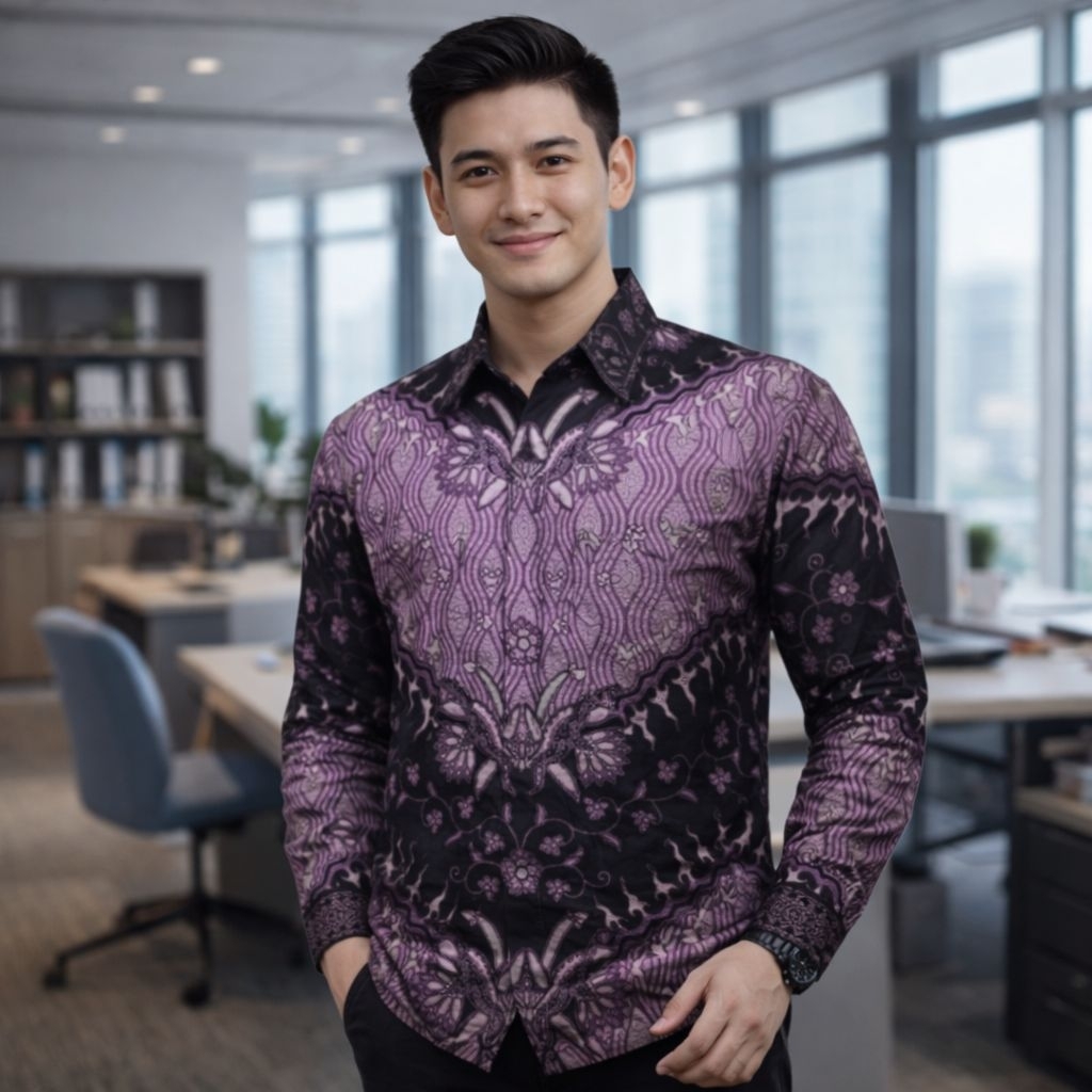 Kemeja Batik Pria Lengan Panjang Katun Halus Motif Keris Ungu Halus Nyaman Tidak Luntur Seragam Kant