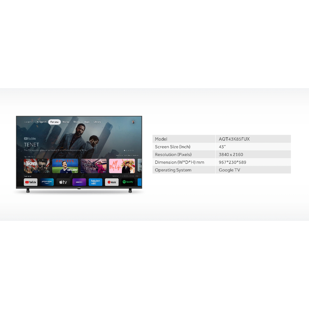 AQUA Google TV AQT43K85FUX Android 43 Inch 4K Ultra HD 43K85