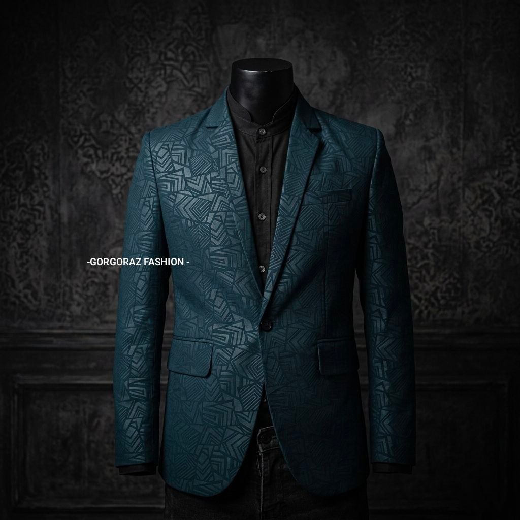 blazer jas motif pria batik embos biru navy slimfit casual formal