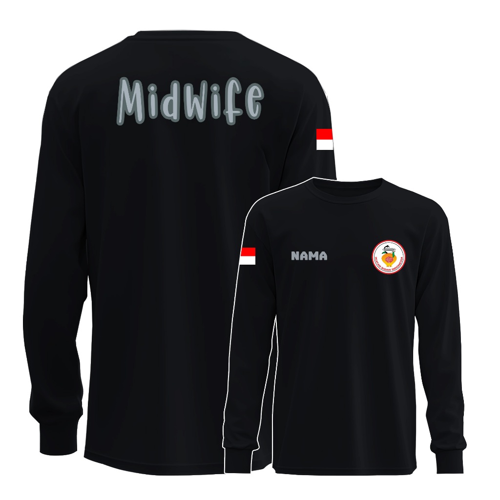 Kaos Wanita Bidan Midwife Indonesia Logo IBI Lengan Panjang Cotton 24S Premium Gratis Sablon Nama