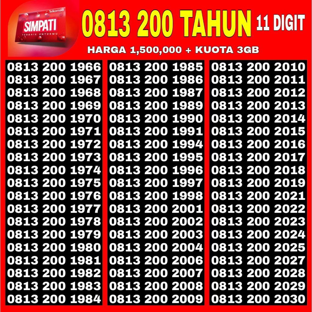 NOMOR CANTIK SIMPATI TELKOMSEL SERI TAHUN LAHIR 11 DIGIT