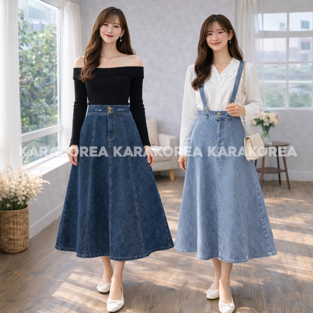 KARAKOREA 6085 Hyekyo Denim Overall Skirts/Rok Panjang/Rok Kodok/Rok jeans/Rok jeans wanita/Rok Jean