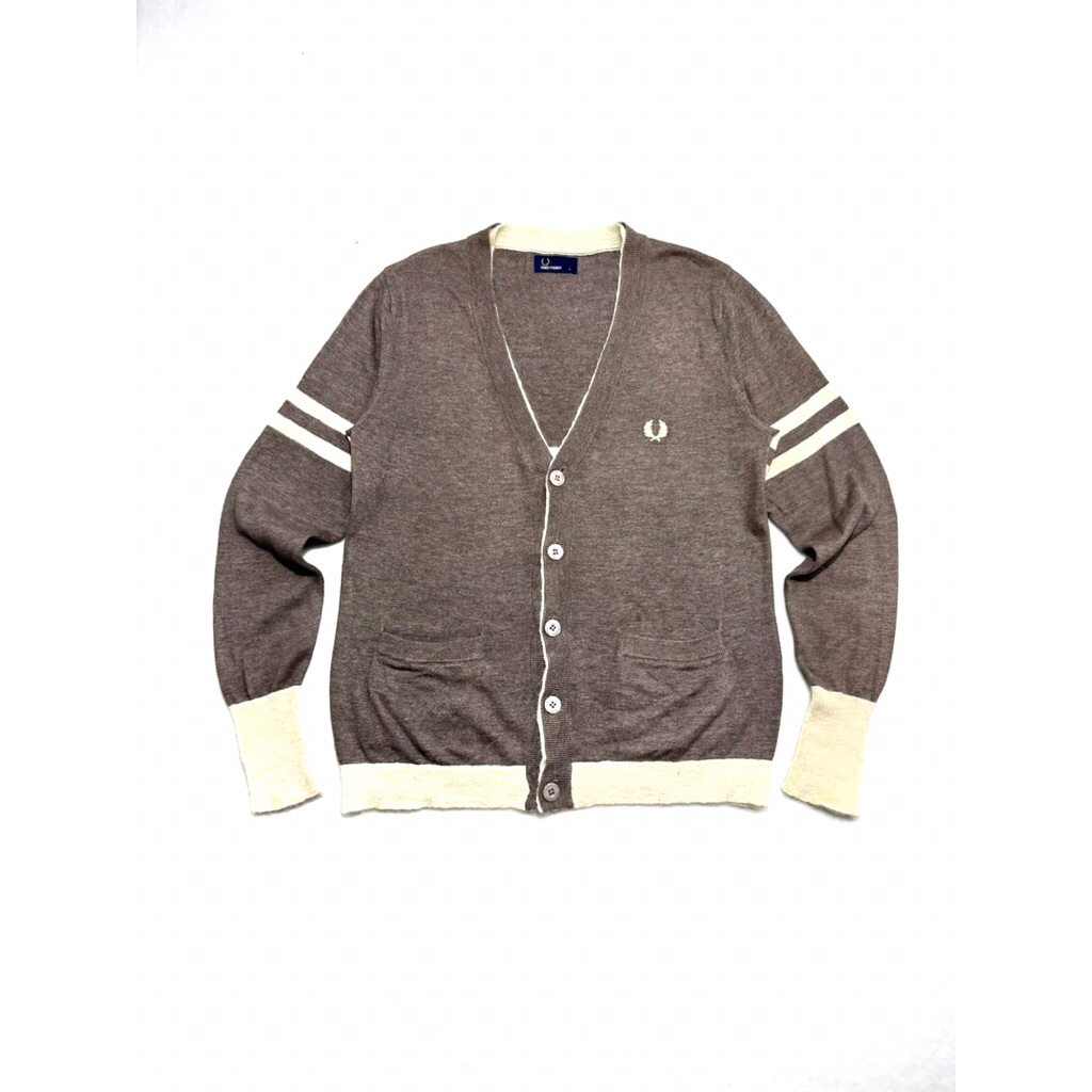 Fredperry Fred perry Cardigan  Knitwear brown beige cream colorway  Size L  Made In Japan  Measureme