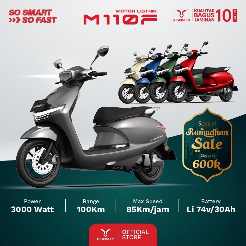 Uwinfly M110F (Motor Listrik) Range 100km,, Smart U-Connect, 3000 Watt, Li 74v/30Ah, Quick Charge, F