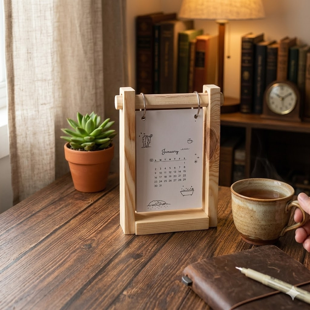 Kalender 2026 Aesthetic Stand Kayu – Kalender Meja Minimalis / Kalender Custom Dekorasi Meja