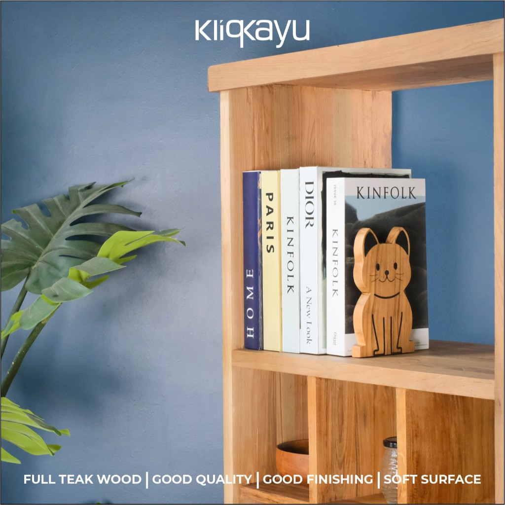 KLIQKAYU - Book Holder Cat | Penyangga Buku Kayu, Estetik, Karakter Kucing Rak Buku