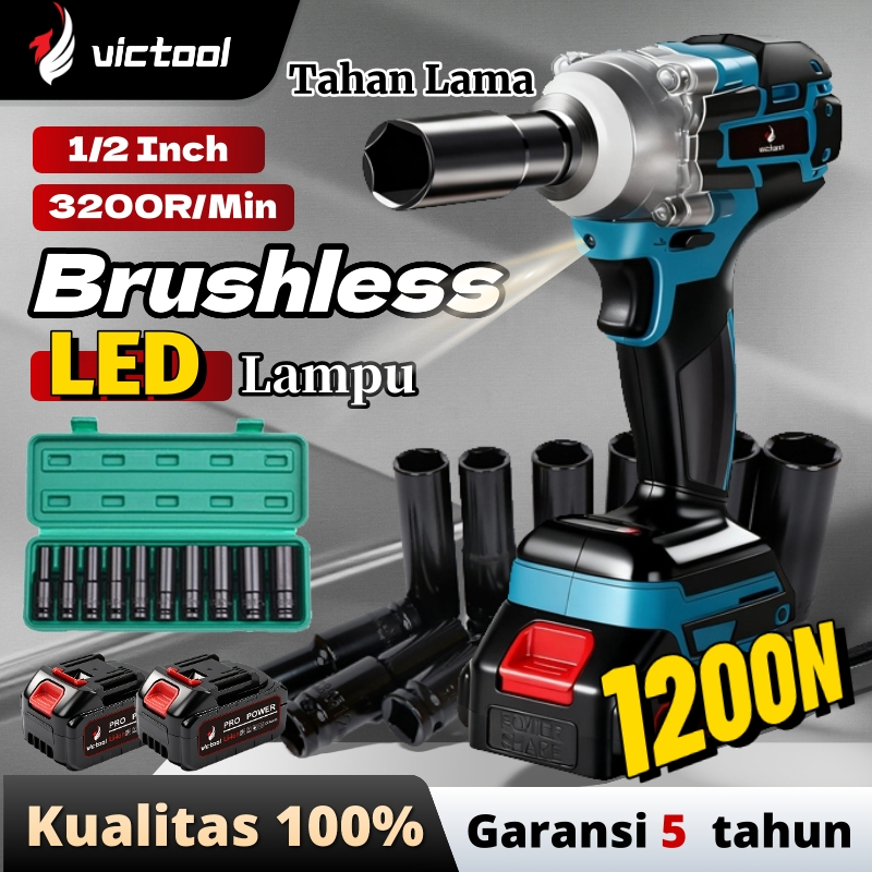 Victool Brushless Mesin Impact Wrench Baterai 1200NM Tanpa Kabel Kunci Pas Benturan Tanpa Sikat / Bo