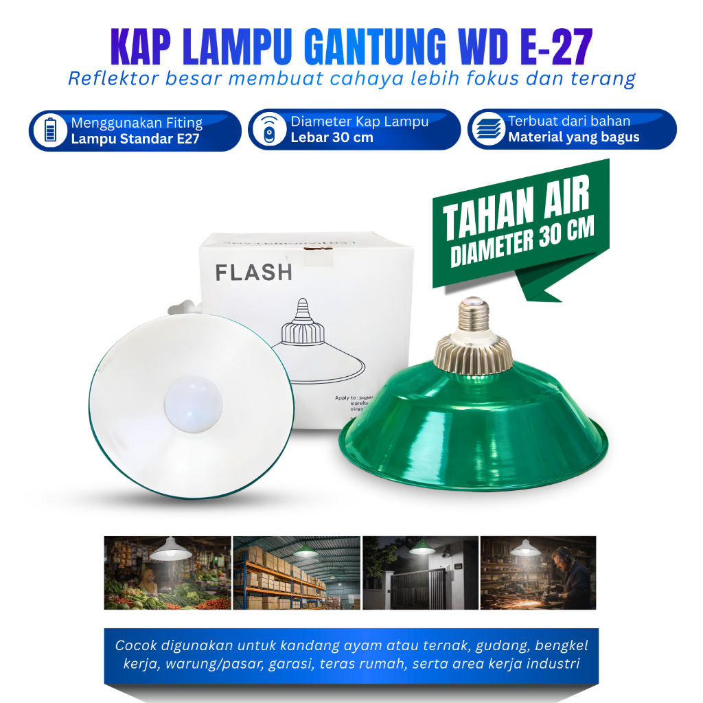 Kap Lampu Satu Set Outdoor WD Hijau Fitting Lampu Gantung E27 Bahan Besi Kap Lampu Jalan WD Hijau 30