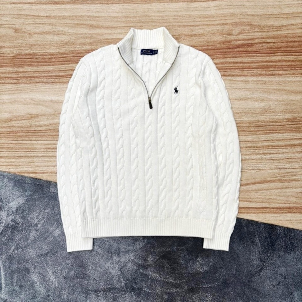 New Cable Knit Quarter Zip Sweater White Ralph Lauren Pria Wanita Cotton Original
