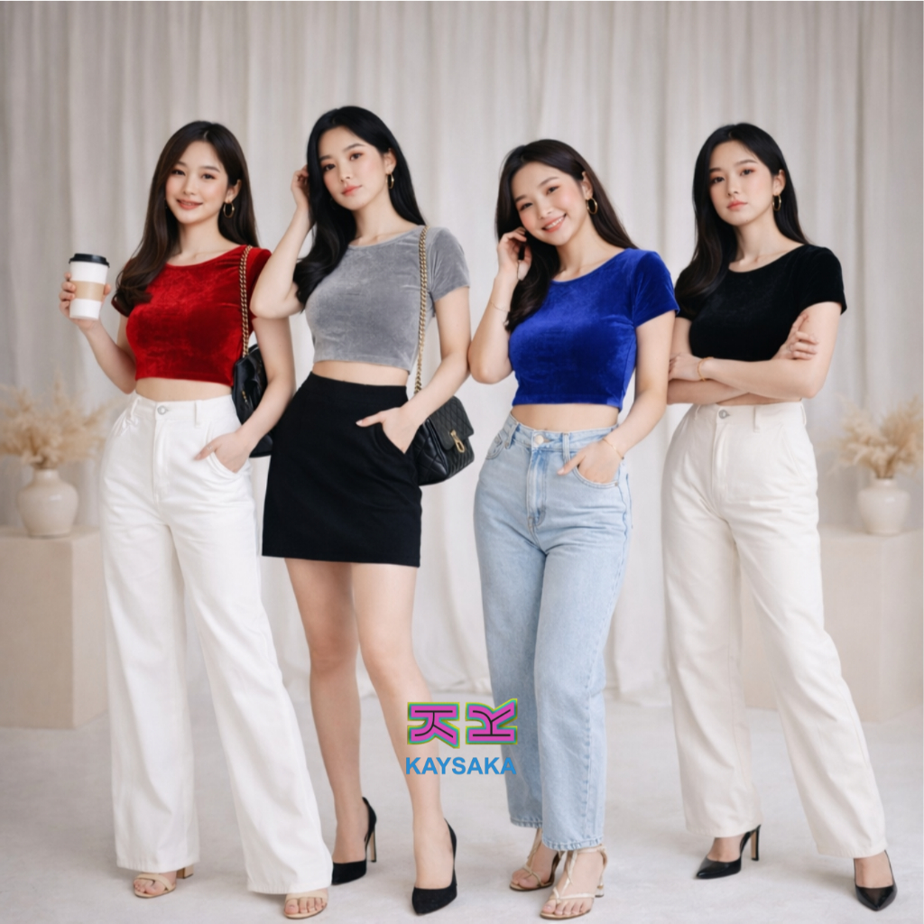 Crop Top Bludru Velvet Fit Body Soft Luxury Wanita | Sexy Crop Top Wanita Dewasa Korean Style | Atas
