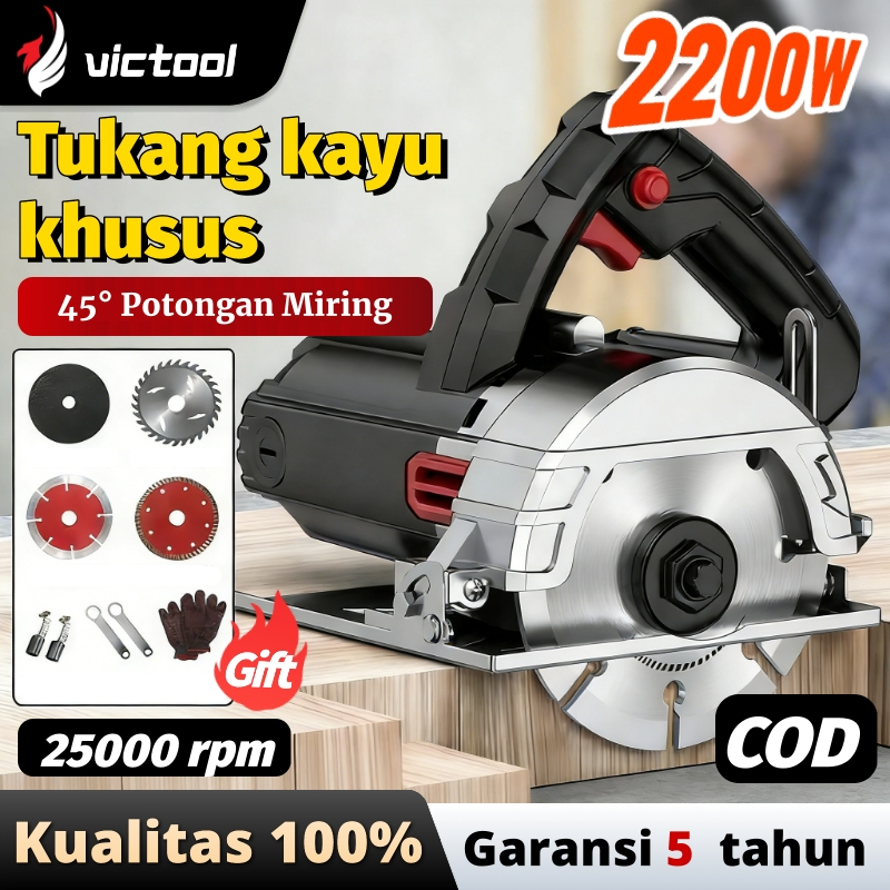 Victool Mesin Potong Keramik 2200W Brushless Circular Saw Multifungsi Cordless Alat Pemotong Granit 