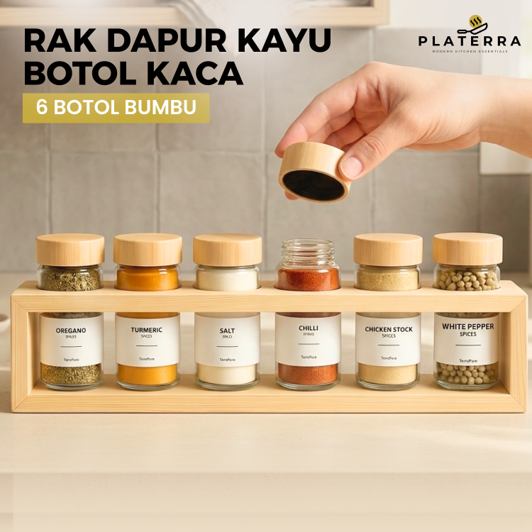 Rak Bumbu Dapur Estetik 6 Botol Kaca Spice Jar Rak Bumbu Kayu Storage Tempat Bumbu Dapur