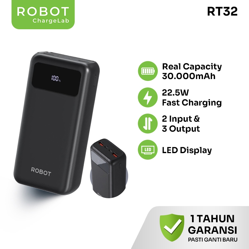 ROBOT Powerbank Fast Charging 30000 mAh Powerbank Iphone 22.5W 3 Port USB Type C LED Indicator Origi