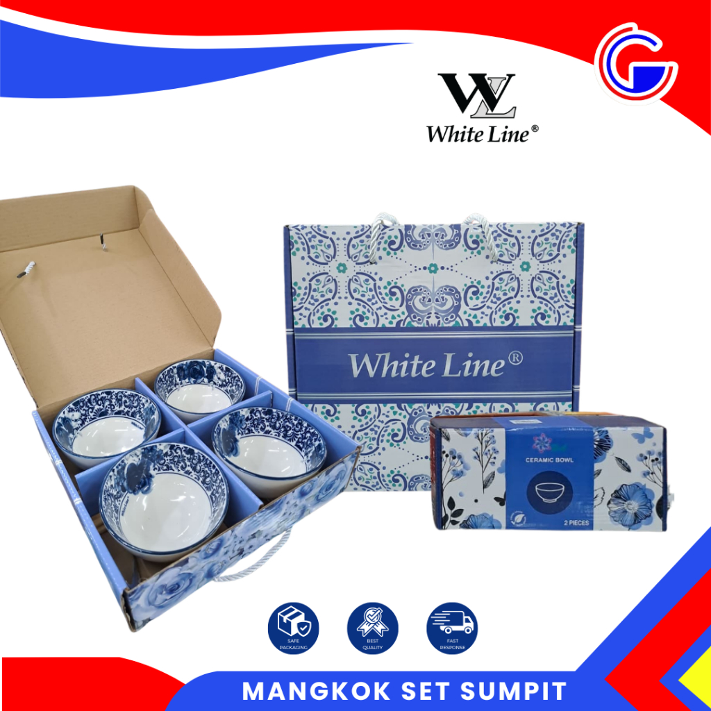 Mangkok Set Sumpit Hampers 4pcs Mangkok Set Keramik White Line Motif Box Mangkok Sup Keramik